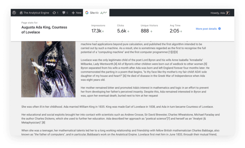 Google Site Kit WordPress admin bar