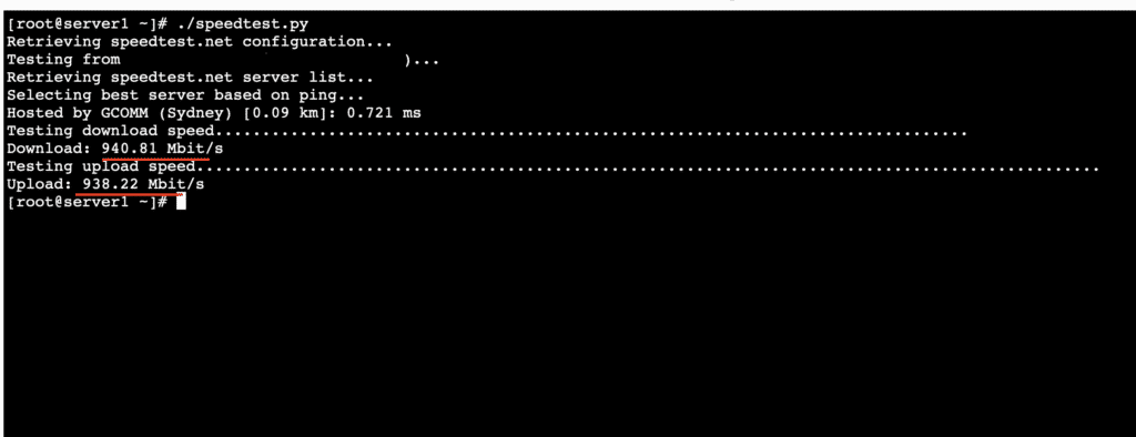 Server download and upload speed test results displayed in a terminal