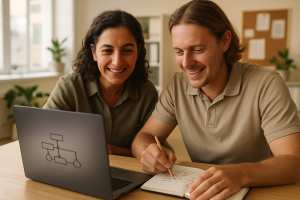 Small business team reviewing an automation workflow on a laptop
