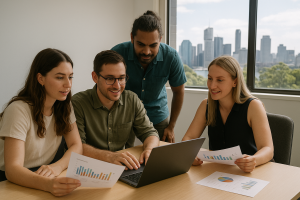 Marketing team reviewing geo targeted campaign performance for Brisbane
