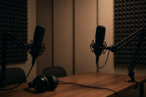 Professional podcast studio setup with microphones, headphones and acoustic treatment