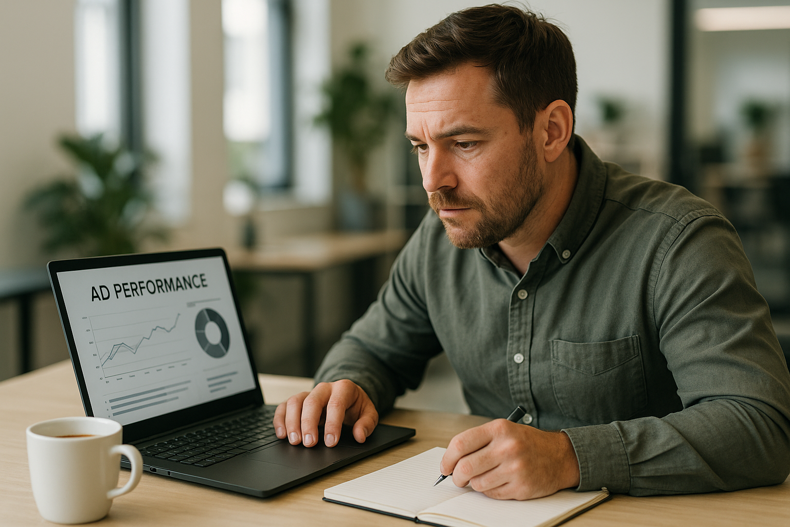 Small business owner reviewing remarketing campaign performance on a laptop