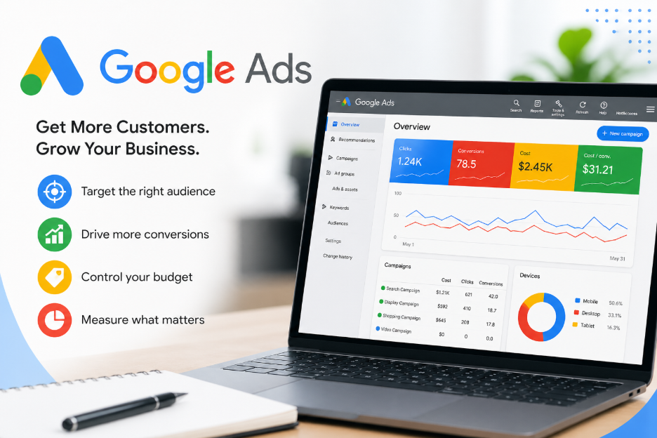 Google Ads dashboard showing clicks, conversions, cost and campaign data
