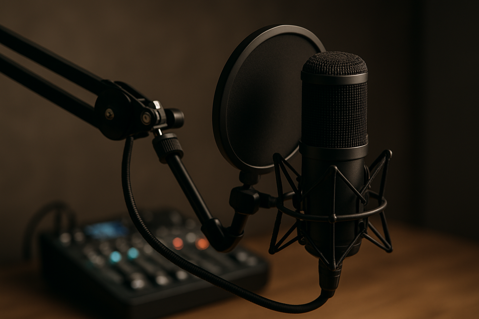 Close-up of a podcast microphone and audio interface in a studio