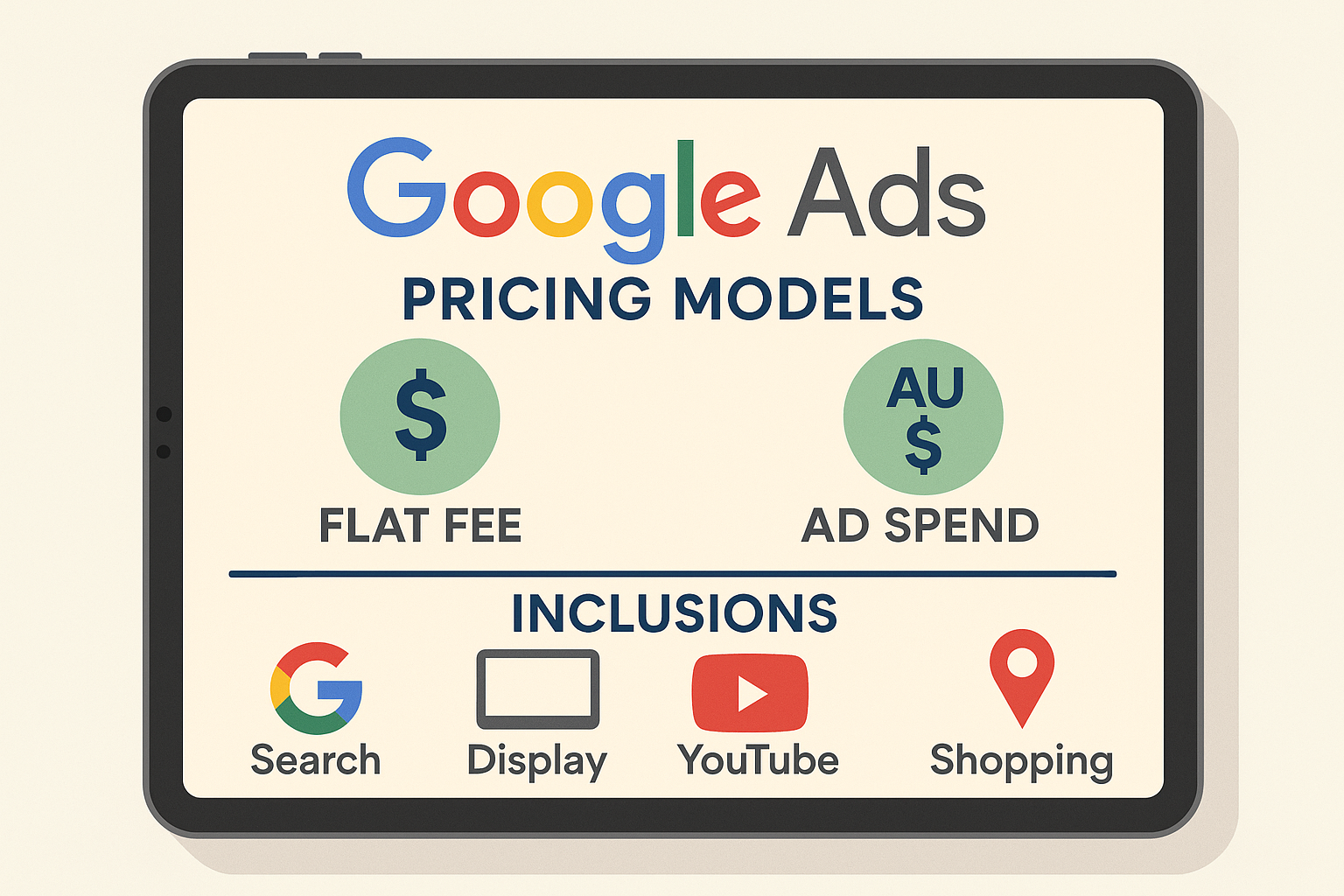 Tablet showing Google Ads pricing structure and inclusions
