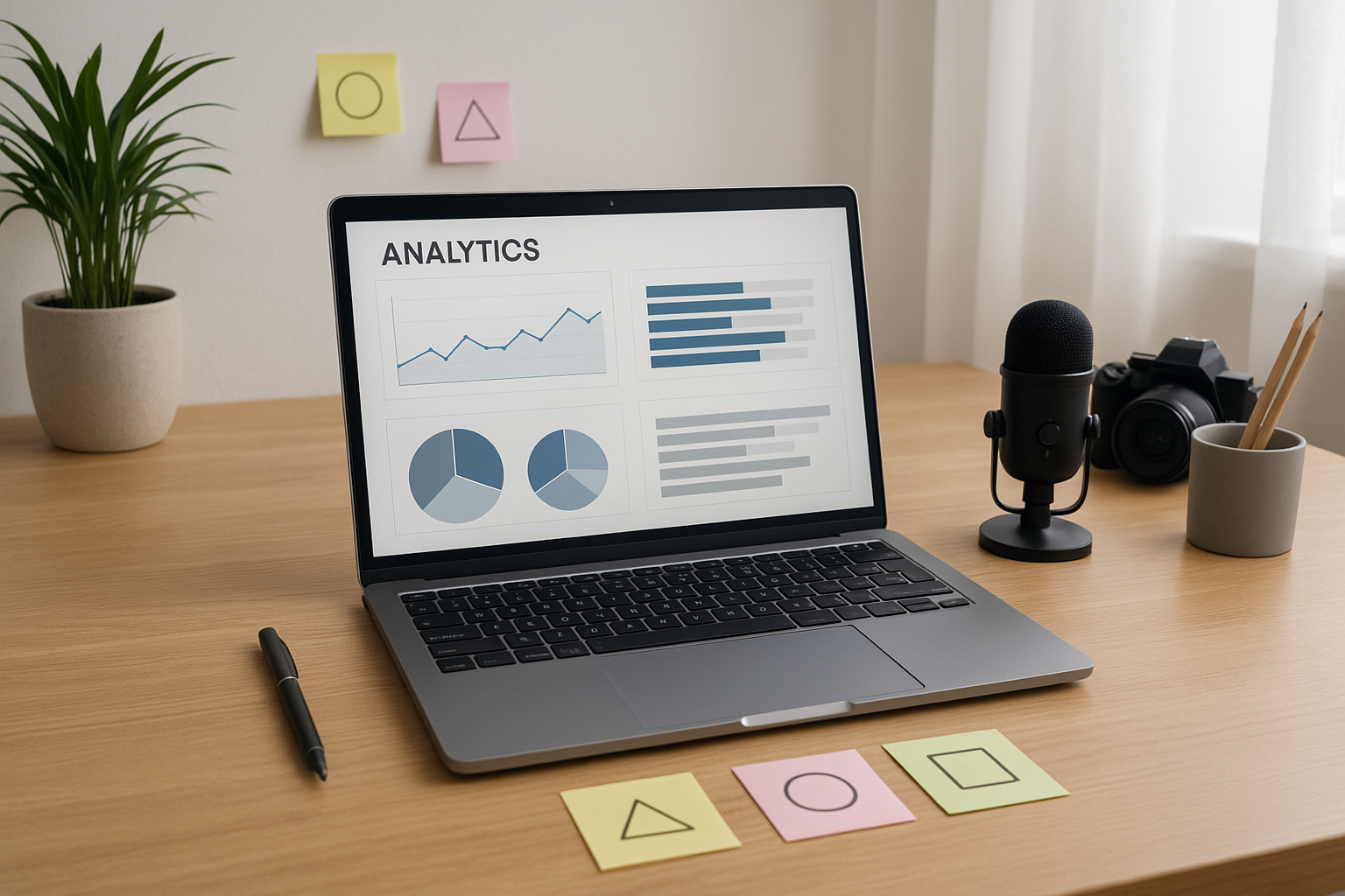 Desk setup showing analytics and creative tools for remarketing campaigns