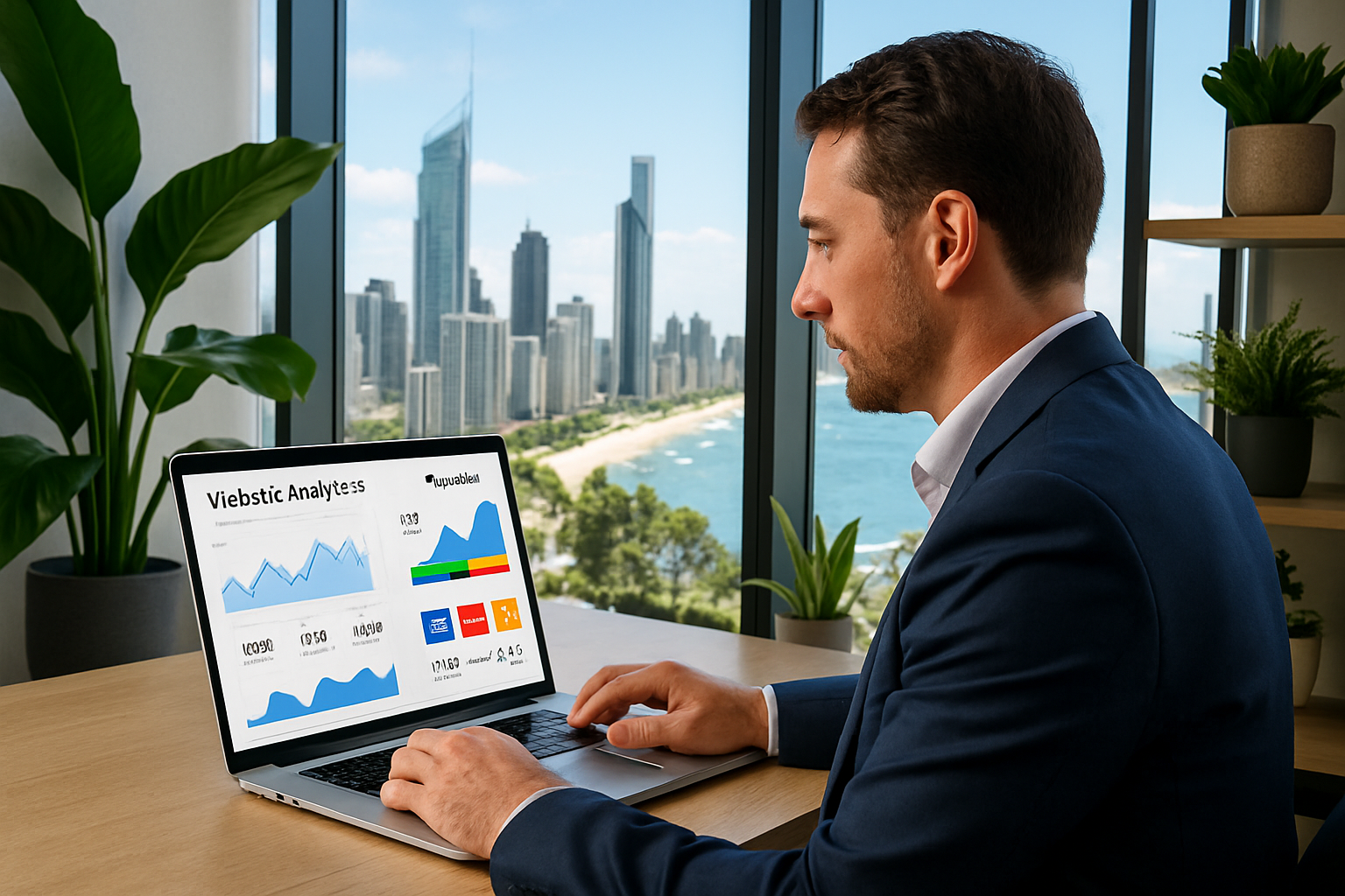 Gold Coast business owner analysing website and ad performance on laptop