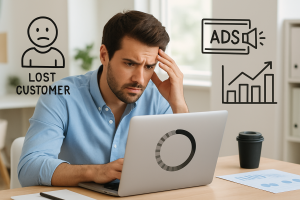 Frustrated Gold Coast business owner viewing slow website with lost customers icons