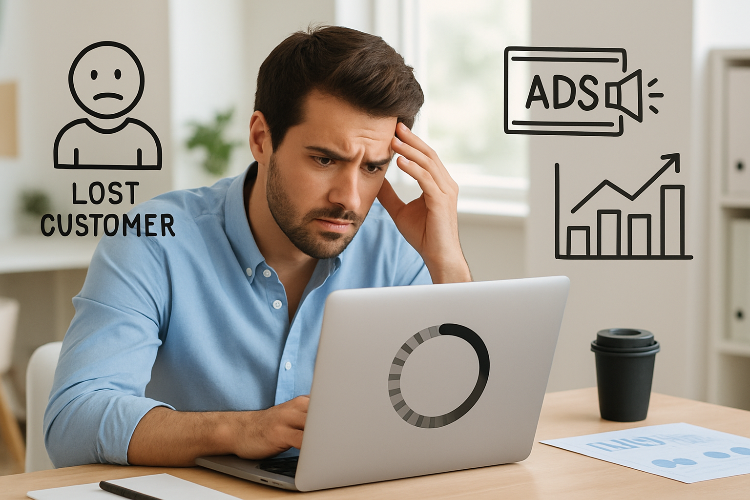 Frustrated Gold Coast business owner viewing slow website with lost customers icons