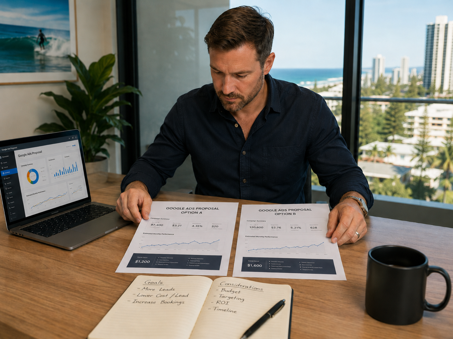 Business owner comparing Google Ads proposal options and campaign goals