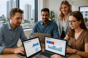 Digital marketing experts managing Google Ads campaigns in a Gold Coast office