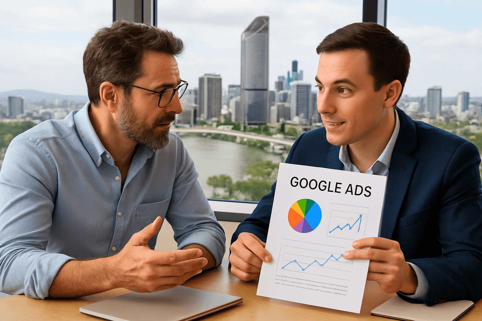 Business owner discussing Google Ads strategy with an expert